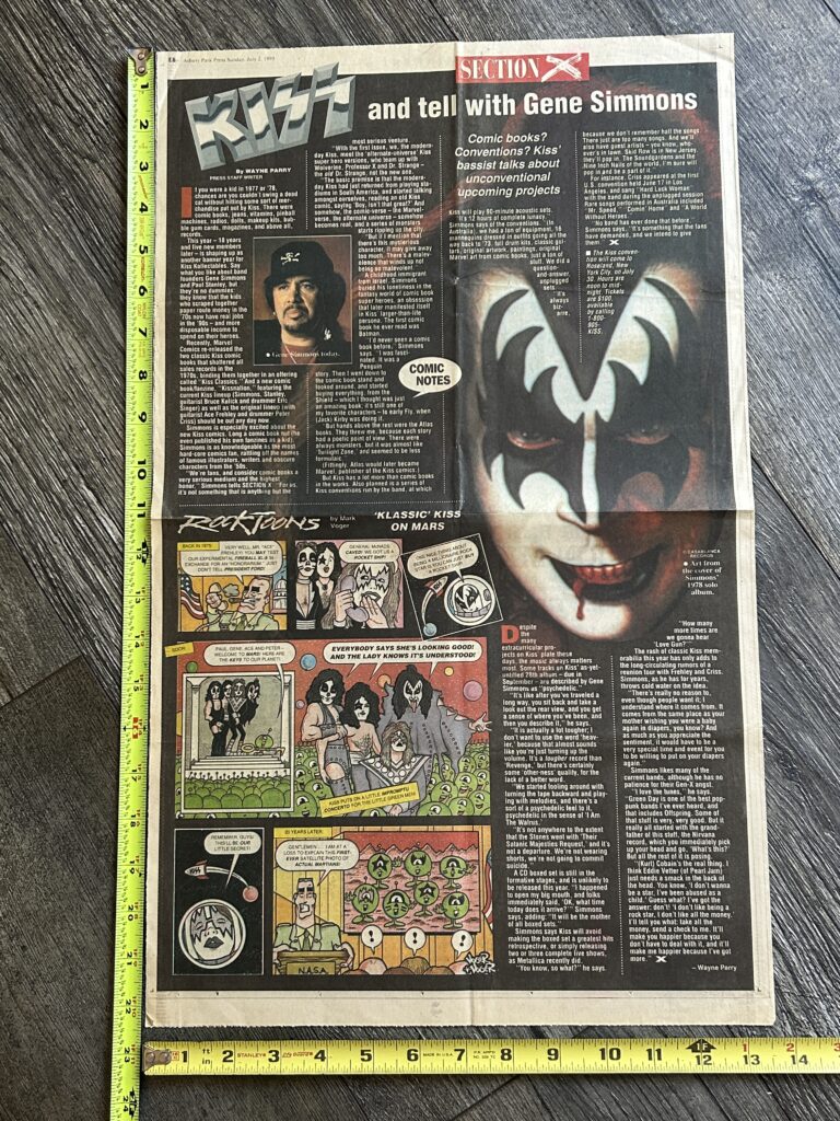 KISS Clipping Poster Size 13x22 Gene Simmons Interview & Comic 1995 Vintage Kiss
