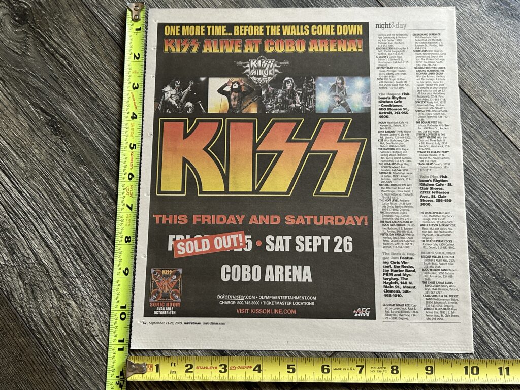 KISS Concert Ad Alive 35 Tour Cobo Detroit Sept 25 26 Sold Out 2009 Vintage Kiss