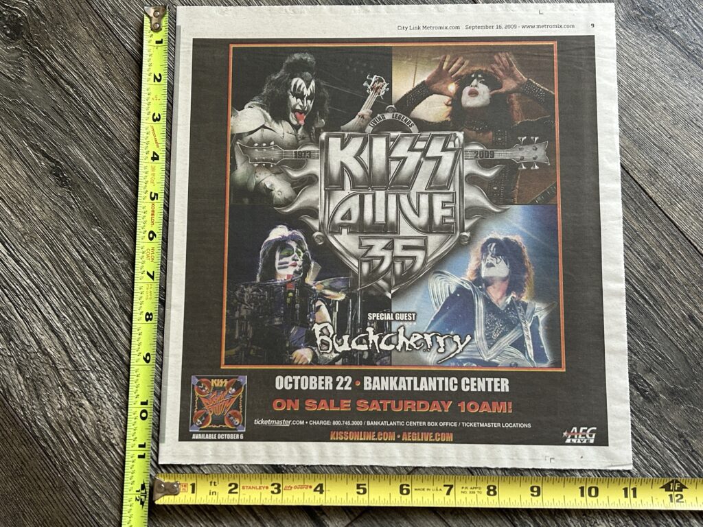 KISS Concert Ad Alive 35 Tour Sunrise FL Oct 22 2009 Vintage Kiss Memorabilia
