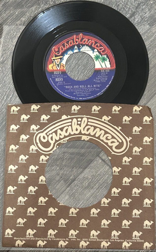 KISS Vinyl 7" Rock And Roll All Nite Live Blue Double Logo Side 2 Vintage Aucoin