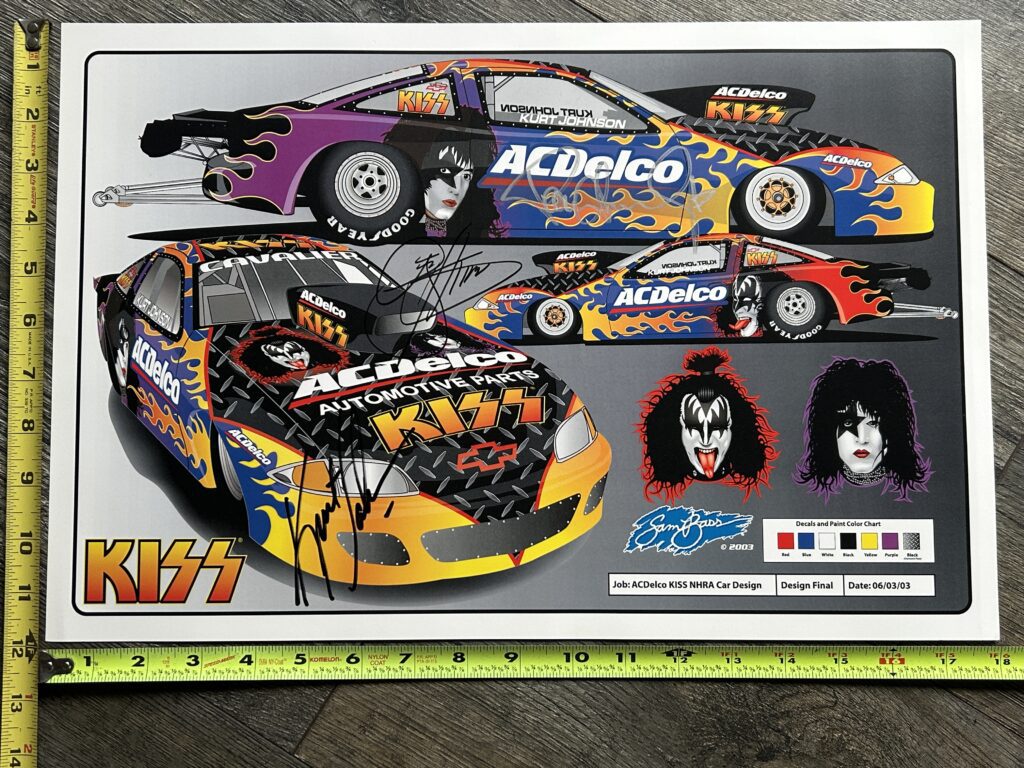 KISS Poster Print Signed Gene Simmons Paul Stanley Kurt Johnson NHRA Car Vintage