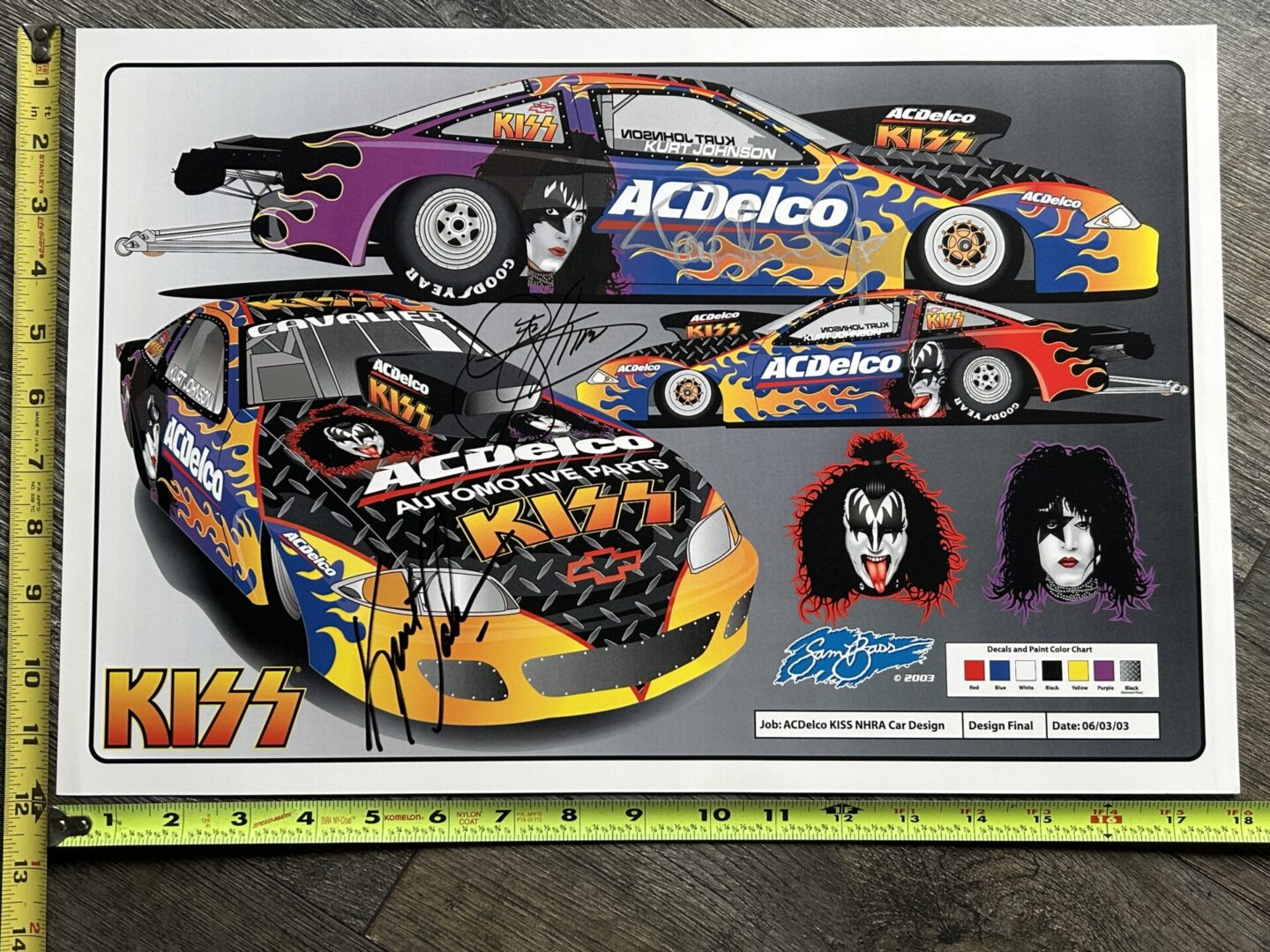KISS Poster Print Signed Gene Simmons Paul Stanley Kurt Johnson NHRA Car Vintage