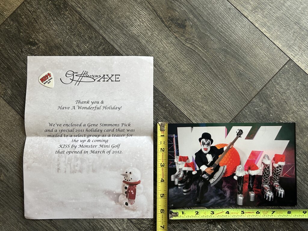 KISS Promo Postcard Monster Mini Golf Las Vegas Gene Simmons Axe letter + Pick