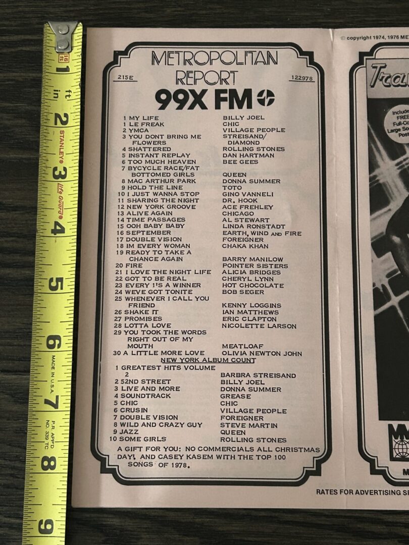KISS Radio Survey ACE FREHLEY NY Groove Dec 29 1978 KISS Vintage Kiss Aucoin