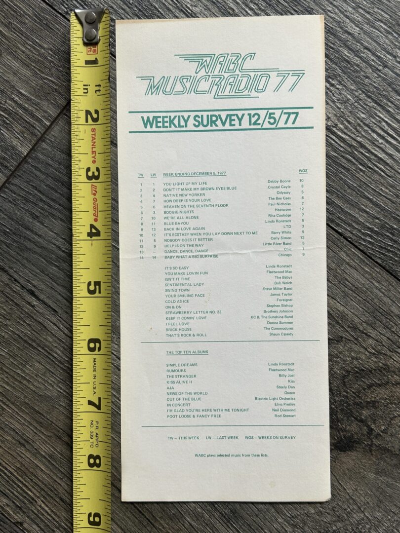 KISS Radio Survey Alive 2 Album Dec 5 1977 Vintage Kiss Aucoin Memorabilia