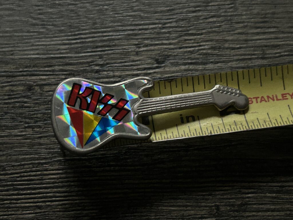 KISS Pin Badge Guitar Red Logo Prism Back 2 1/4" Vintage Kiss Memorabilia Aucoin