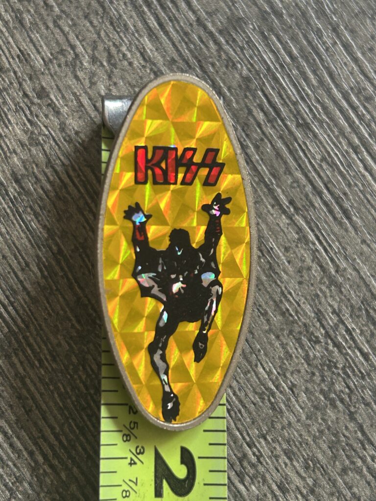 KISS Pin Badge Gene Simmons Yellow Prism UK 1.75 Vintage Kiss Memorabilia Aucoin