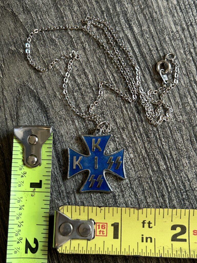 KISS Necklace Iron Cross Logo Silver Blue 1" Vintage Kiss Memorabilia Aucoin