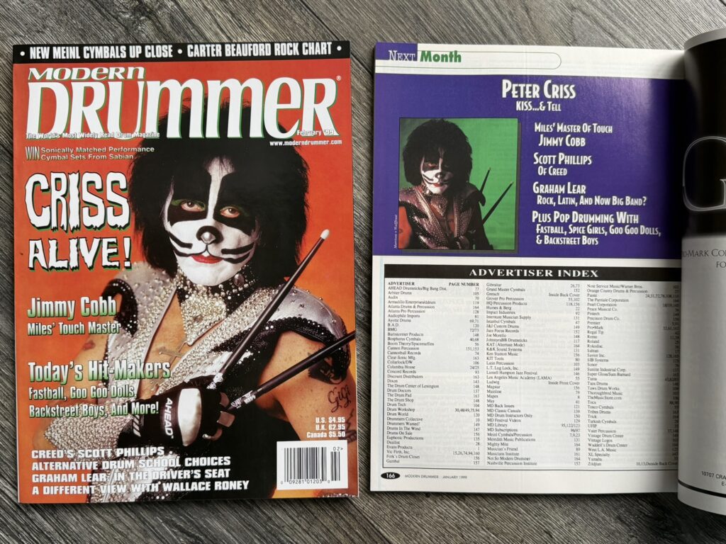 KISS Magazine Modern Drummer PETER CRISS 1999 2pc Lot Vintage Kiss Memorabilia