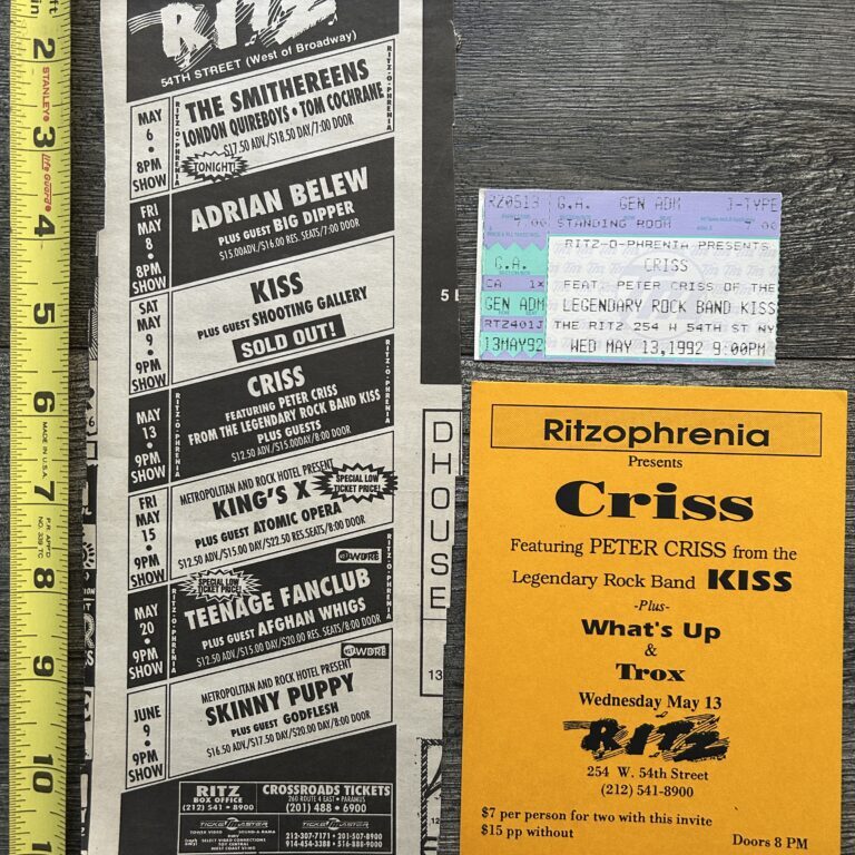 Kiss PETER CRISS Ritz NY Concert Ad Ticket Stub Handbill Set 1992 Vintage Kiss