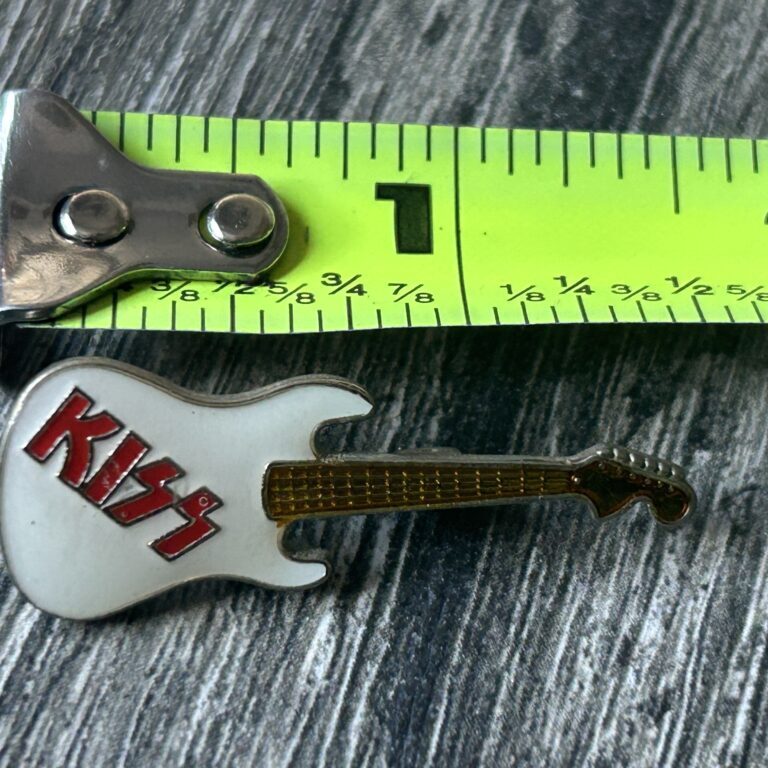 KISS Pin Badge Enamel Guitar Red Logo White UK 1 1/2" TM On Back Vintage Kiss