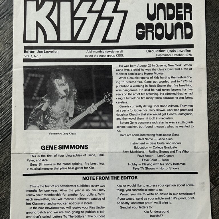 KISS Fanzine Newsletter Magazine Kiss Underground #1 1978 Vintage Kiss Aucoin