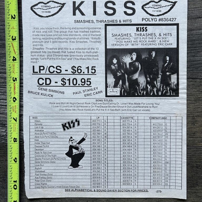 KISS Ad Advert Sales Sheet Smashes Thrashes & Hits & Back Catalog Vintage Kiss