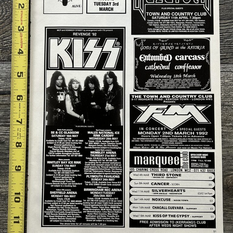 KISS Ad Advert Revenge Concert Tour 1992 UK Dates Vintage Kiss Bruce Kulick