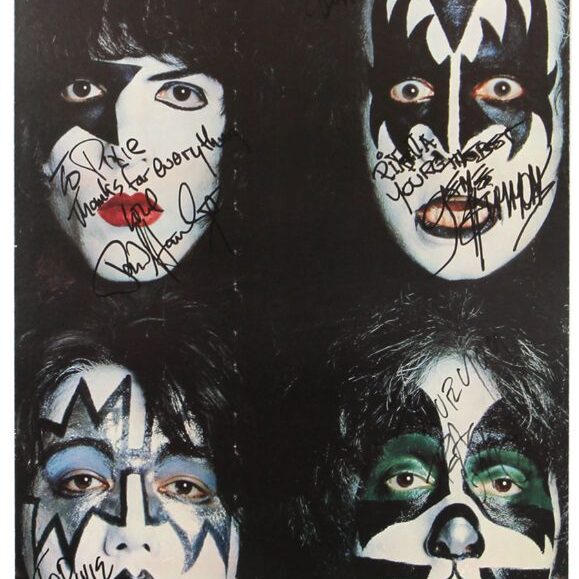 KISS Dynasty Cardboard Poster 1979 Signed Autograph Inscribed To Pixie Esmonde from Gene Simmons Ace Frehley Paul Stanley Peter Criss Bill Aucoin