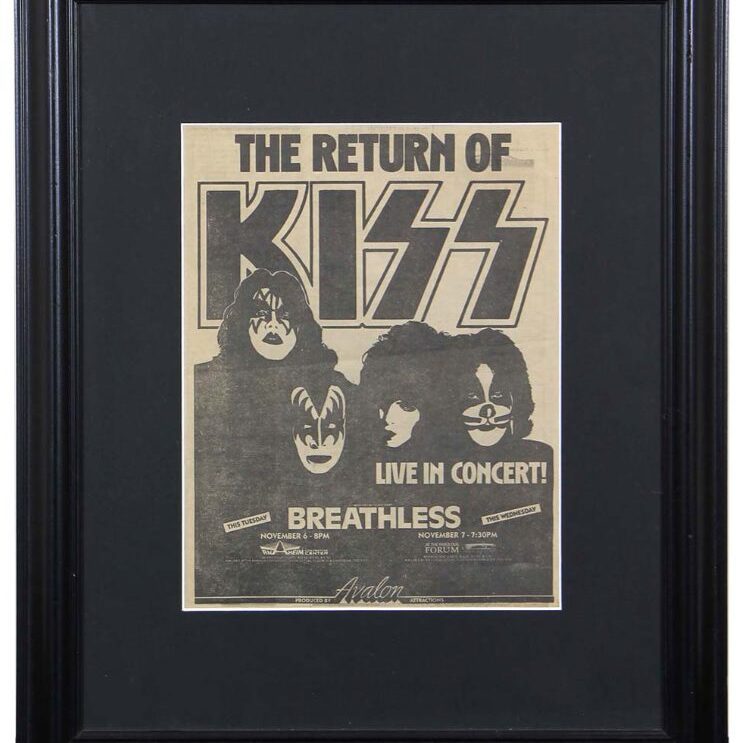 KISS Dynasty Tour Newspaper Concert Ad Mini Poster 1979 for 2 Shows Nov 6 Anaheim, California + Nov 7 LA Forum California FRAMED 23x19