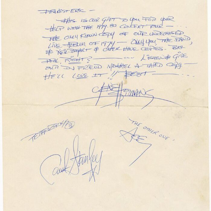 KISS Gene Simmons 1979 Handwritten Letter -- mentions Unreleased 1974 Live Album -- Signed by Gene Simmons Ace Frehley Paul Stanley Peter Criss