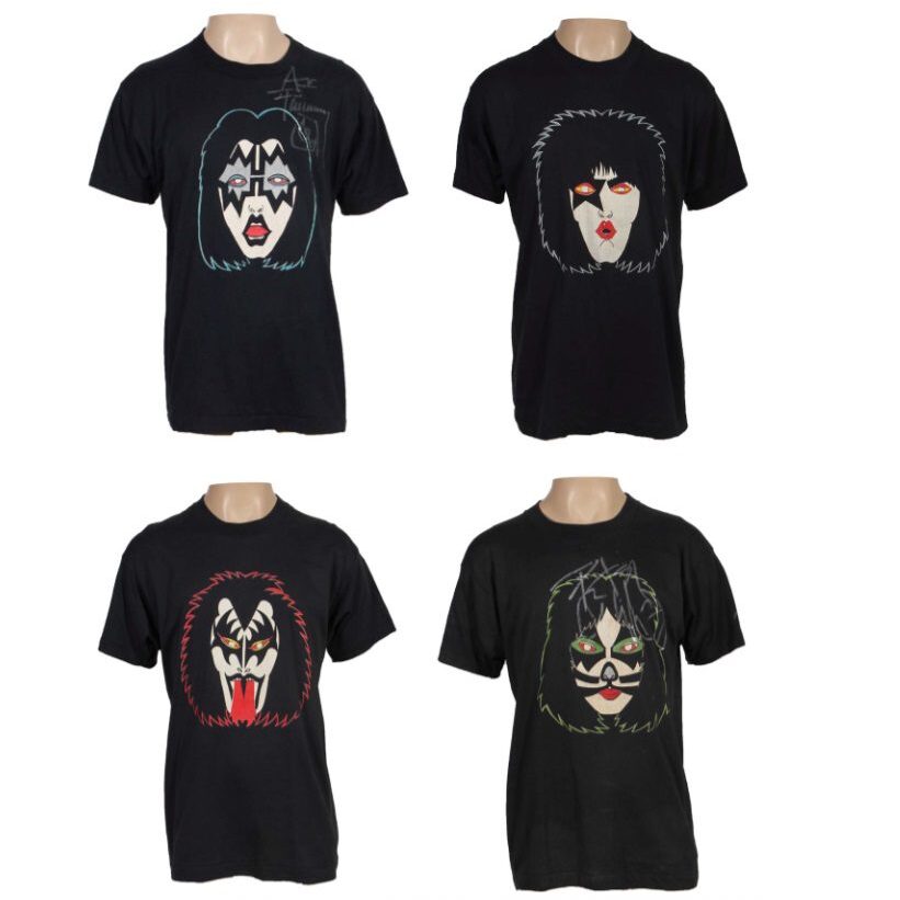 KISS Vintage Originals 2 Album Mask Artwork Head Shop T-Shirt 4 Piece Set Ace Frehley Signed, Peter Criss Signed, Gene Simmons & Paul Stanley - 1